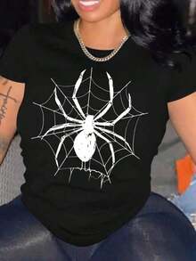 Camiseta de Mujer Oversize con Diseño de Telaraña y Gráfico de Araña - Top de Manga Corta y Cuello Redondo para Verano, Ropa Urbana Casual, Camiseta Holgada Transpirable para Halloween y Atuendo Casual, Prenda Versátil y Cómoda para Dejar Señal - Negro - Ver 1