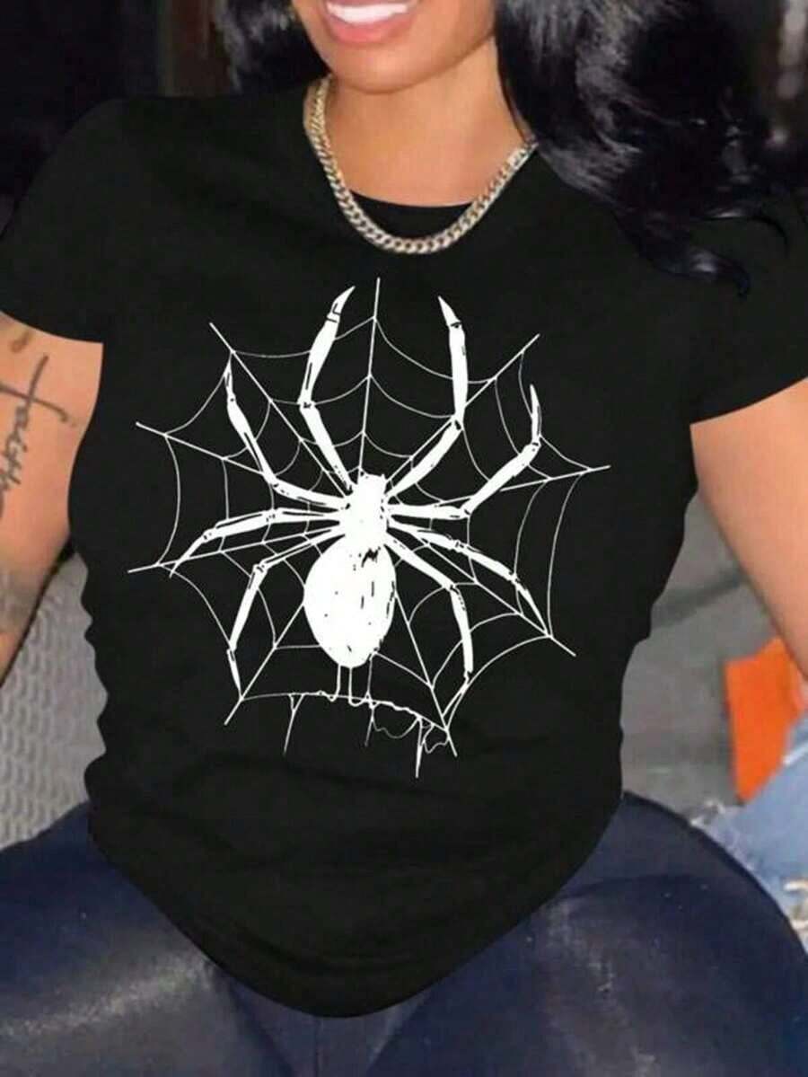 Camiseta de Mujer Oversize con Diseño de Telaraña y Gráfico de Araña - Top de Manga Corta y Cuello Redondo para Verano, Ropa Urbana Casual, Camiseta Holgada Transpirable para Halloween y Atuendo Casual, Prenda Versátil y Cómoda para Dejar Señal - Negro - Ver 1