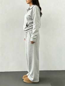 Conjunto de 2 piezas para mujer con camiseta de manga larga de hombros caídos de cuello en V a rayas y pantalones a rayas de cintura elástica, traje de suéter de invierno, otoño/invierno - Gris - Ver 4