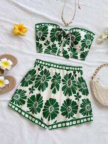 Nuevo Conjunto de 2 Piezas para Vacaciones: Top de Tubo Floral Azul y Blanco con Tirantes Ajustables y Pantalones Cortos de Cintura Elástica en Línea A - Multicolor 2 - Ver 4