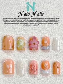 NAIO 10片/套 手工美甲贴片，Y2K 酷炫风格，法式美甲，凝胶美甲，花朵美甲，贝壳纹理法式美甲，饰有3D立体花朵和金色小珠子。适合女性和女孩，可用于派对、度假和日常佩戴。套装包含工具包，是送给女士美甲的绝佳礼物。三种尺寸可选：杏仁形、圆唇形、棺材形。 - 彩色 - 查看 14
