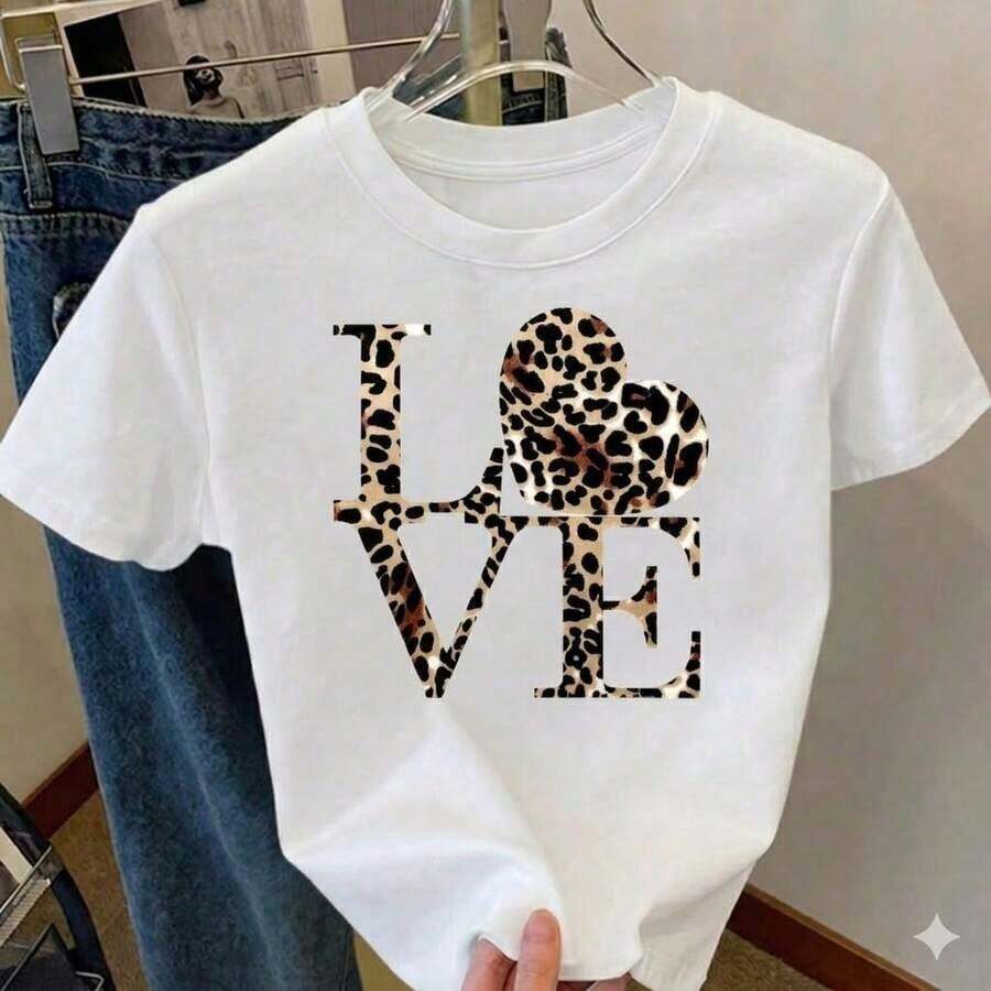 Korean T-Shirt With Round Neck, Short Sleeves, Lightweight And Comfortable Love Print Graphic Tee - 白色的 - 查看 1