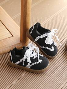 1 Pair Sweet Girl Lace Breathable Casual Sports Shoes, Children Canvas Sneakers For Female Students - Black - View 2