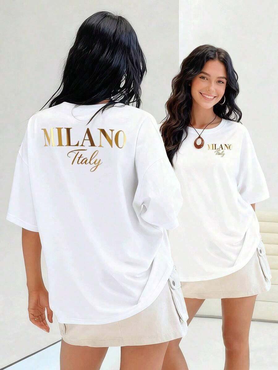 Texto dorado elegante Milano Italia camiseta para mujer 100% algodón representa la sofisticación italiana. Camiseta de calidad y a la moda. Adecuada para primavera, verano y otoño. - Blanco - Ver 1