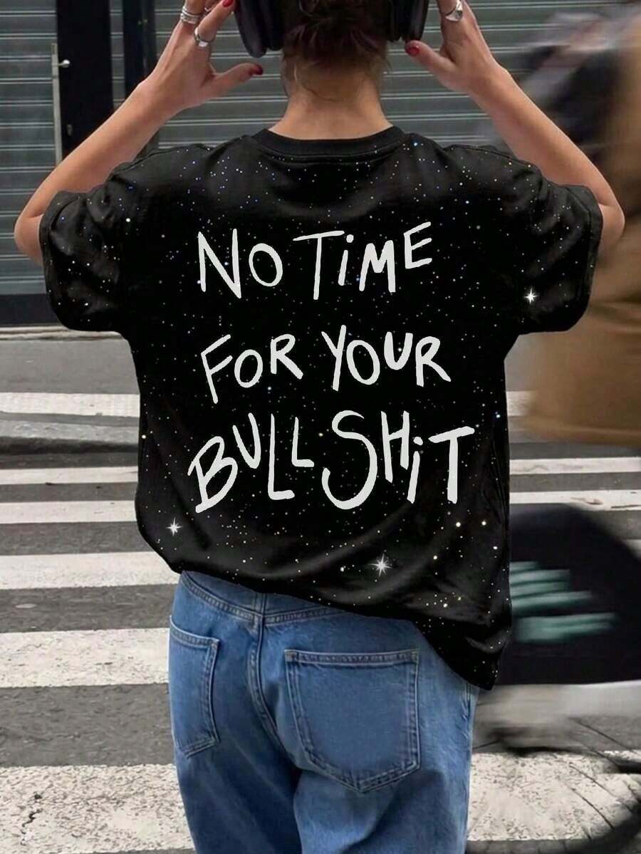 Camiseta de manga corta con cuello redondo, estampado de letras y efecto tie-dye, de estilo casual y versátil para mujer - Negro - Ver 1