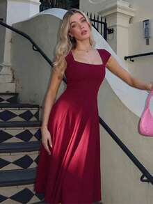 Vestido largo invierno estilo francés liso ajustado con tirantes cremallera y lazos traseros elegante moda para mujer - Burdeos - Ver 9