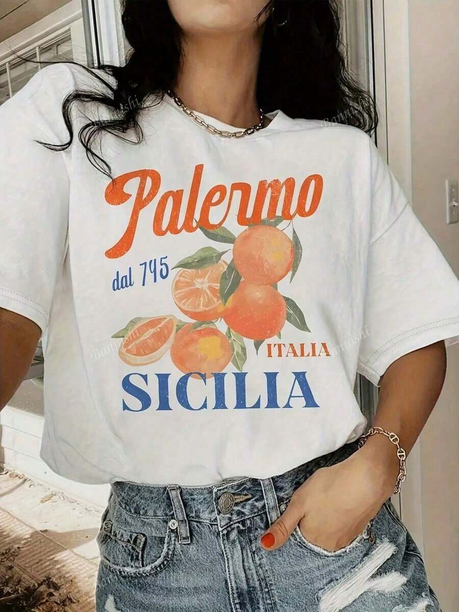 Women's Casual T-Shirt - Short Sleeve Casual T-Shirt With Vibrant Orange Citrus Fruit Print And "Palermo 757 Italy Sicilia" Text, Breathable, Medium Stretch, Crew Neck, Summer Top, Machine Washable, Regular Fit, 100% Cotton, Durable - 白色 - 查看 1