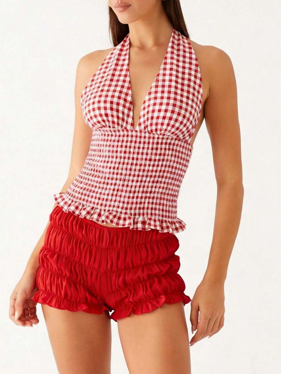 Women's Sexy Polka Dot Halter Top Backless Tie Back Vest Ruched Ruffle Hem Going Out Tops - Color caoba - Ver 1