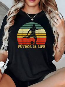 Player Running Powerfully Against A Background Of Colorful Stripes Symbolizing The Passion For Sport And The Energy Of Life. Comfortable Casual Women's T-Shirt With A Modern Sporty Print. - 黑色 - 查看 1
