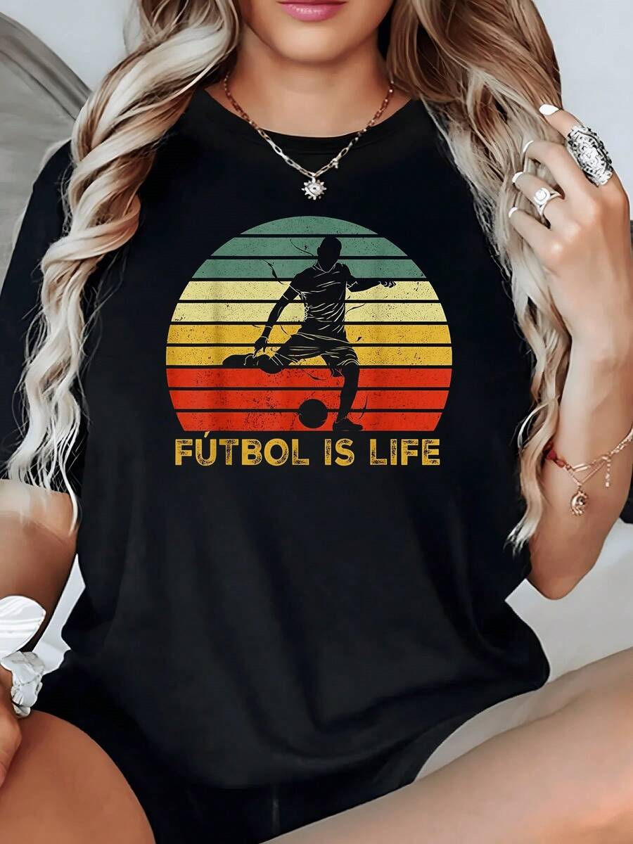 Player Running Powerfully Against A Background Of Colorful Stripes Symbolizing The Passion For Sport And The Energy Of Life. Comfortable Casual Women's T-Shirt With A Modern Sporty Print. - 黑色 - 查看 1
