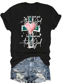 Look At It Again And Thank God, Move Forward And Trust In God. Women's Regular Short Sleeve T-Shirt - Fun Cartoon Letter Print, Crew Neck, Casual Style - Machine Washable, Fashionable Women's Clothing, Breathable And Comfortable. - 黑色 - 查看 1