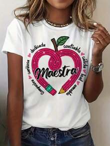 Korean Women's White Printed T-Shirt With Heart And Teacher Pencil Design, Short Sleeve, Round Neck, Casual, Sporty, Comfortable Sweater, Unisex, Holiday Gift, Couple Set For Spring And Summer, Breathable And Moisture-Wicking Women's Clothing, Graphic Tee - 白色 - 查看 1