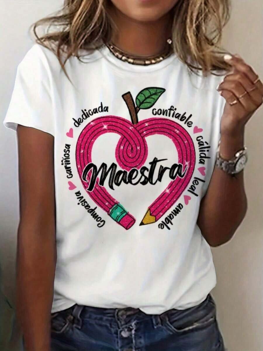 Korean Women's White Printed T-Shirt With Heart And Teacher Pencil Design, Short Sleeve, Round Neck, Casual, Sporty, Comfortable Sweater, Unisex, Holiday Gift, Couple Set For Spring And Summer, Breathable And Moisture-Wicking Women's Clothing, Graphic Tee - 白色 - 查看 1