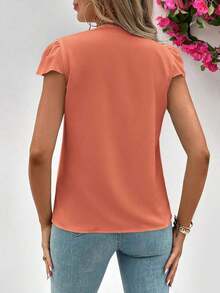 Camisa holgada de manga corta con borde de volantes y cuello en V, con parches unicolor para mujer en verano - Naranja Quemada - Ver 2