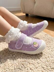 1 Paio di Sneaker in Tela a Punta Quadrata Bassa per Ragazze, Motivo a Pois di Fragole, Scarpe Carine, Dolci, Comode, Casual, con Suola Morbida e Leggere, Adatte per Uscite Quotidiane Estive e Passeggiate in Giardino - Viola - Visualizzare 2