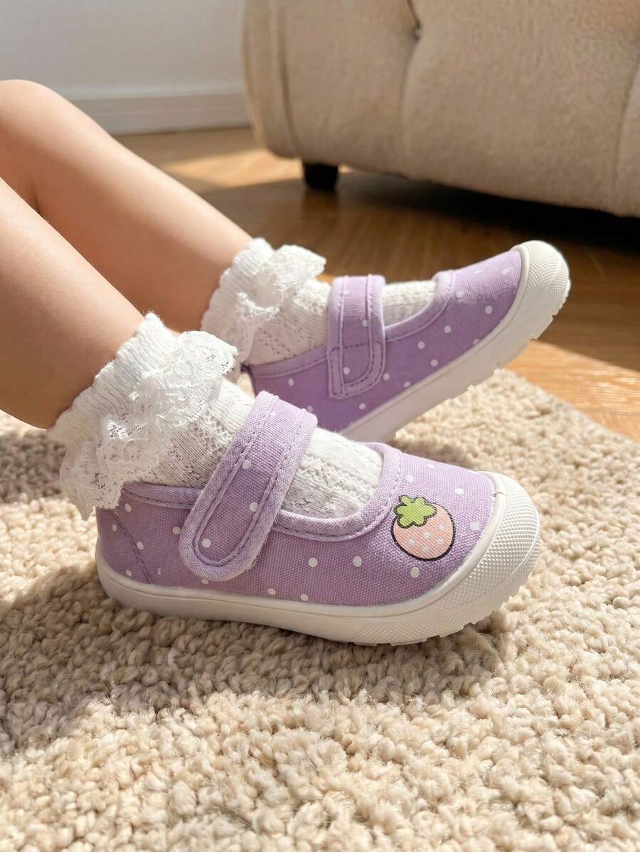 1 Paio di Sneaker in Tela a Punta Quadrata Bassa per Ragazze, Motivo a Pois di Fragole, Scarpe Carine, Dolci, Comode, Casual, con Suola Morbida e Leggere, Adatte per Uscite Quotidiane Estive e Passeggiate in Giardino