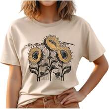 1 Piece Casual Fashion For Men And Women Vintage Boho Floral Flower Print T-Shirt Graphic Short Sleeve T-Shirt Versatile, Easy To Match, Suitable For Daily Wear, Street Style, Holiday Outfits, Weekend Outfits. - Beige-8 - 查看 5