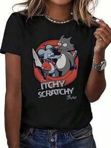 Fashion Printed T-Shirts For Women, Oversized Streetwear Tops, Comfortable And Stylish All-Match Summer Tees. 1 Piece  Geek T-Shirt, Casual Print, Comfortable And Versatile, Letter Pattern, 180g Pure Cotton, Printed T-Shirt 180g Cotton - 黑色 - 查看 6