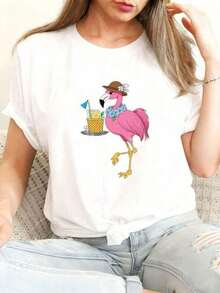 Casual Graphic Set: Pure Cotton T-Shirt With Flamingo Print And Light Blue Ripped Jeans, Perfect For Parties, Anniversaries, The 4th Of July, Labor Day, And Summer Getaways. Includes A Pink Fedora Hat With A Pineapple And Drink Design, Casual Collar. T-Shirt Blouses For Women > Shirt - 白色 - 查看 1