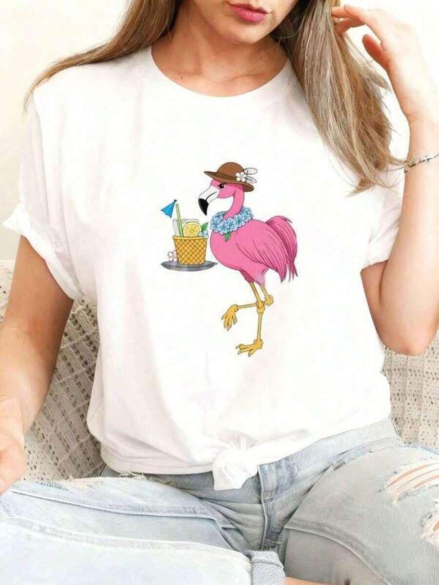 Casual Graphic Set: Pure Cotton T-Shirt With Flamingo Print And Light Blue Ripped Jeans, Perfect For Parties, Anniversaries, The 4th Of July, Labor Day, And Summer Getaways. Includes A Pink Fedora Hat With A Pineapple And Drink Design, Casual Collar. T-Shirt Blouses For Women > Shirt - 白色 - 查看 1