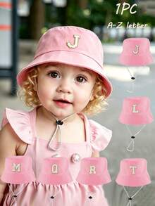 1pc Girls' Pink Letter Pattern Bucket Hat, 26 Letters Customizable, Fashionable Delicate Versatile Lightweight Sun-Shading Hat, Practical Gift For Kids, Suitable For Spring/Summer Outdoor Activities, For 1-4 Years Old Girls - Pink - View 1