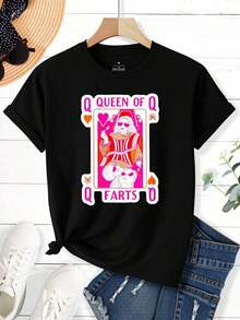 QUEEN OF FARTS Letter Print T-Shirt, Short Sleeve, Round Neck, Casual Style For Summer And Spring, Women's Clothing - 黑色 - 查看 2