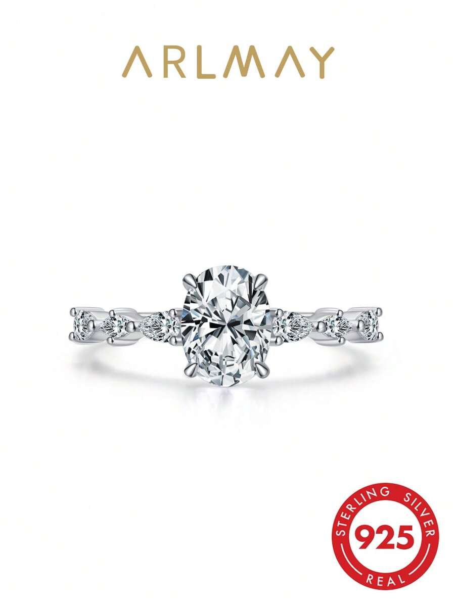 1 pieza Anillo de diamante ovalado de plata de ley 925 genuina de grado AAAAA, joyería premium para bodas, compromisos y damas - Plateado - Ver 1