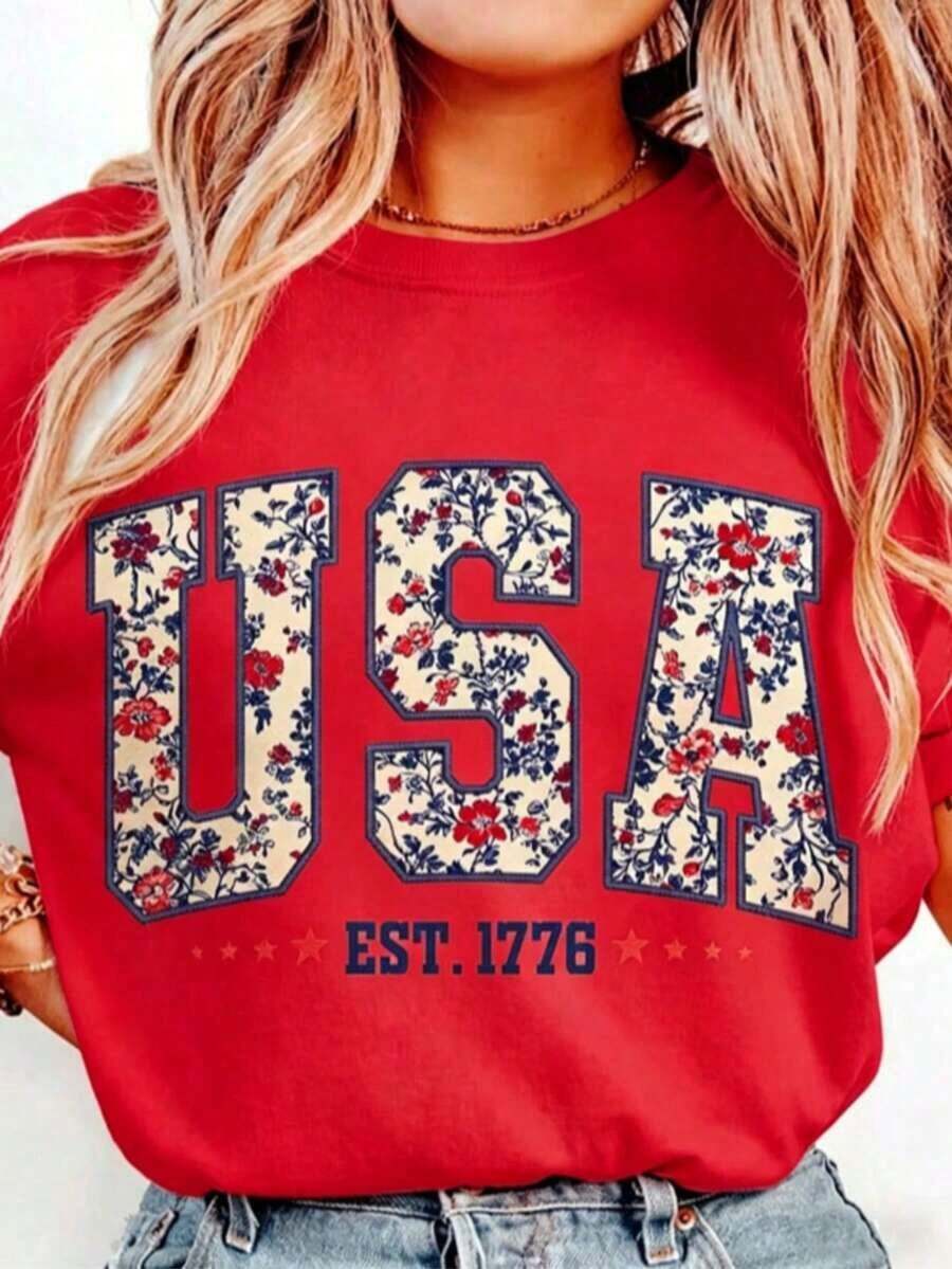 Casual Floral USA T-Shirt, Retro America T-Shirt, 4th Of July PNG, 4th Of July, Retro USA, Soft Cotton, Unisex Cut, Classic Design - Loose Fit, Relaxed And Comfortable Style, Modern And Fashionable T-Shirt - 紅色 - 查看 1