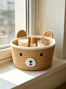 2pcs Woven Storage Baskets, Cartoon Bear Ear Decor Home Organizer Boxes, Handmade Hallway/Desktop Catchall Baskets - Multicolor - View 7