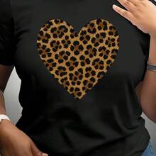 Women's Leopard And Heart Print T-Shirt - Casual Short Sleeve Crew Neck Top, Gold Design, Machine Washable For All Seasons, Stylish And Versatile, Made Of Comfortable Fabric, Essential For Fashion Lovers - 黑色 - 查看 1