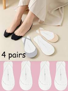 4 Pairs Summer Lace-Up Boat Socks, Lightweight Breathable, Low-Cut Hidden Heel, Invisible Socks, Spring/Summer - White - View 3