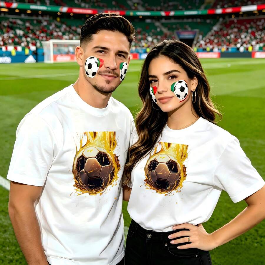 Couple Football Pattern T-Shirt, 100% Cotton, Loose Fitting, Soft And Breathable, Casual Round Neck Short Sleeved Top Football In Flames Pattern Printed Patterns, Dating, Leisure Travel, Gatherings, Simple Cartoon Printing Style, High Cost-Effectiveness Suitable For Watching Live Sports Games, - White - View 1