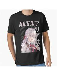Unisex Anime T-Shirt For Men And Women, Alya Character, Crew Neck, Casual, Slightly Stretchy Fabric, For Anime Conventions, Cosplay, Daily Wear, Collectible - 黑色 - 查看 1