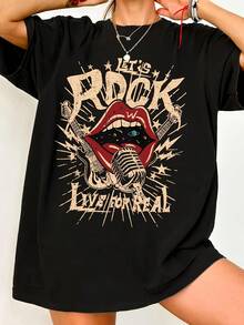 Unisex Rock Graphic T-Shirt For Women, Vintage Style With The Slogan "Let's Live For Real", Bold Red Lips And Microphone Design, Machine Washable, Ideal For Everyday Wear Or Concerts, Bold Music Top For Men And Women - 黑色 - 查看 7