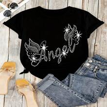 Angel Graphic T-Shirt, 100% Cotton Oversized Soft Breathable Casual Crewneck Short Sleeve Top, Romantic Aesthetic Summer Vibes Streetwear Style For Women & Angel Lovers - 黑色 - 查看 12
