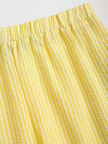 Conjunto de 2 piezas de blusa de manga de pétalo a rayas estilo francés dulce y pantalones rectos holgados para mujer, de primavera/verano - Amarillo - Ver 7