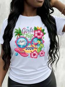 Gift: 1 Piece - White Floral Print T-Shirt For Women And Girls, Ideal For Travel And Cruises, Round Neck, Casual Cotton T-Shirt, Medium Stretch Knit Fabric, Regular Fit For Ladies, For Spring/Summer/Autumn, Soft. - 白色 - 查看 6