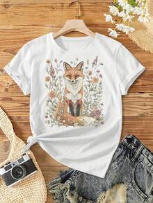 Women's Bohemian Short-Sleeved Blouse With Fox And Flower Print, Round Neck, Ideal For Spring, Summer And Autumn, Elegant And Versatile For Casual Looks Or Holidays, Available In Various Colors - 白色 - 查看 1