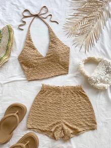 a Conjunto de 2 piezas de top de punto texturizado con escote en V y tirantes finos de color amarillo claro, y shorts, estilo romántico y campestre, bohemio, floral romántico, para vacaciones - Caqui - Ver 3