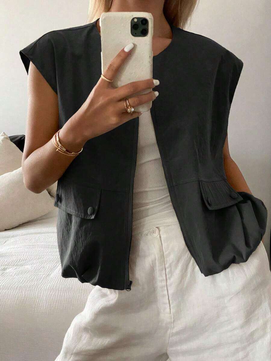 Nuevo chaleco sin mangas suelto y casual de verano, estilo casual de negocios para mujeres - Negro - Ver 1