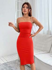Vestido corto de verano ajustado tipo tubo con abertura lateral - Rojo - Ver 4