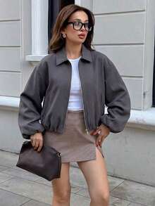 Chaqueta con bolsillo con cremallera de lunares rosas para mujer - Abrigo casual suelto con solapa para primavera/otoño - Gris Oscuro - Ver 9