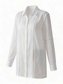 Kimono de manga larga con botones de un color informal, para cubrir en el verano, vacaciones en la playa - Blanco - Ver 5