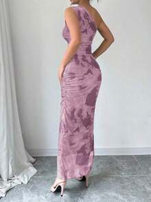 Vestido de noche de lujo para mujer, vestido sexy sin mangas con cuello asimétrico y estampado de teñido anudado - Púrpura malva - Ver 2