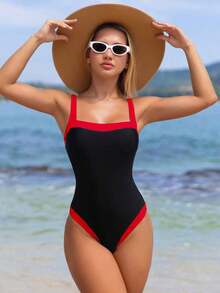 Traje de baño de una pieza elegante y ajustado con corte de color en contraste azul marino y blanco, con tirantes anchos ajustables para mujer, Primavera/Verano 2026 - Multicolor 2 - Ver 5