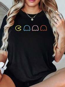 1 Piece Of Women's T-Shirt With PacMan Ghost Graphic Print, 220g, Summer Casual Style, 100% Cotton, Round Neck, Retro Gamer Style. - 黑色 - 查看 8