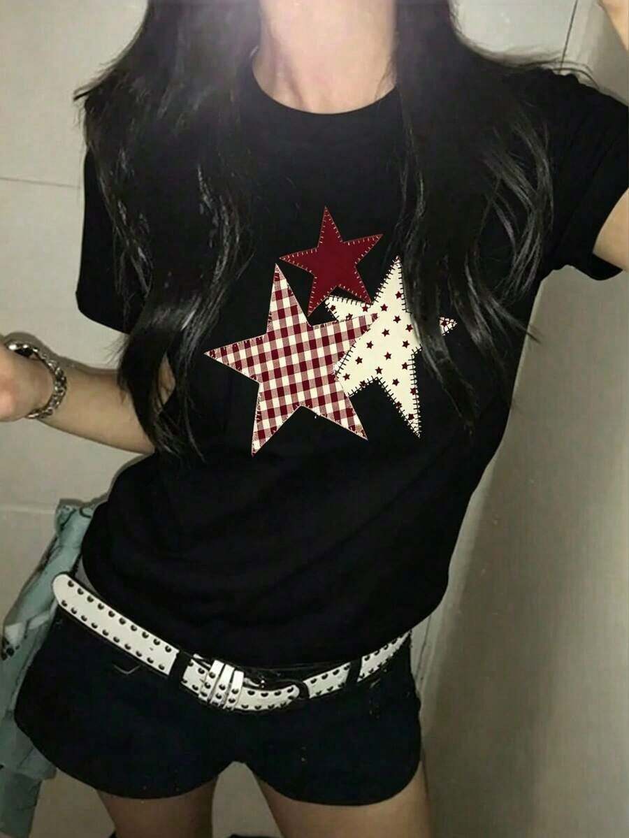 Summer Cheer From Japan! White On White Star Print Cotton T-Shirt, Women's Short Sleeve Crew Neck Cotton T-Shirt, Casual Japanese Feminine Style. - 黑色 2 - 查看 1