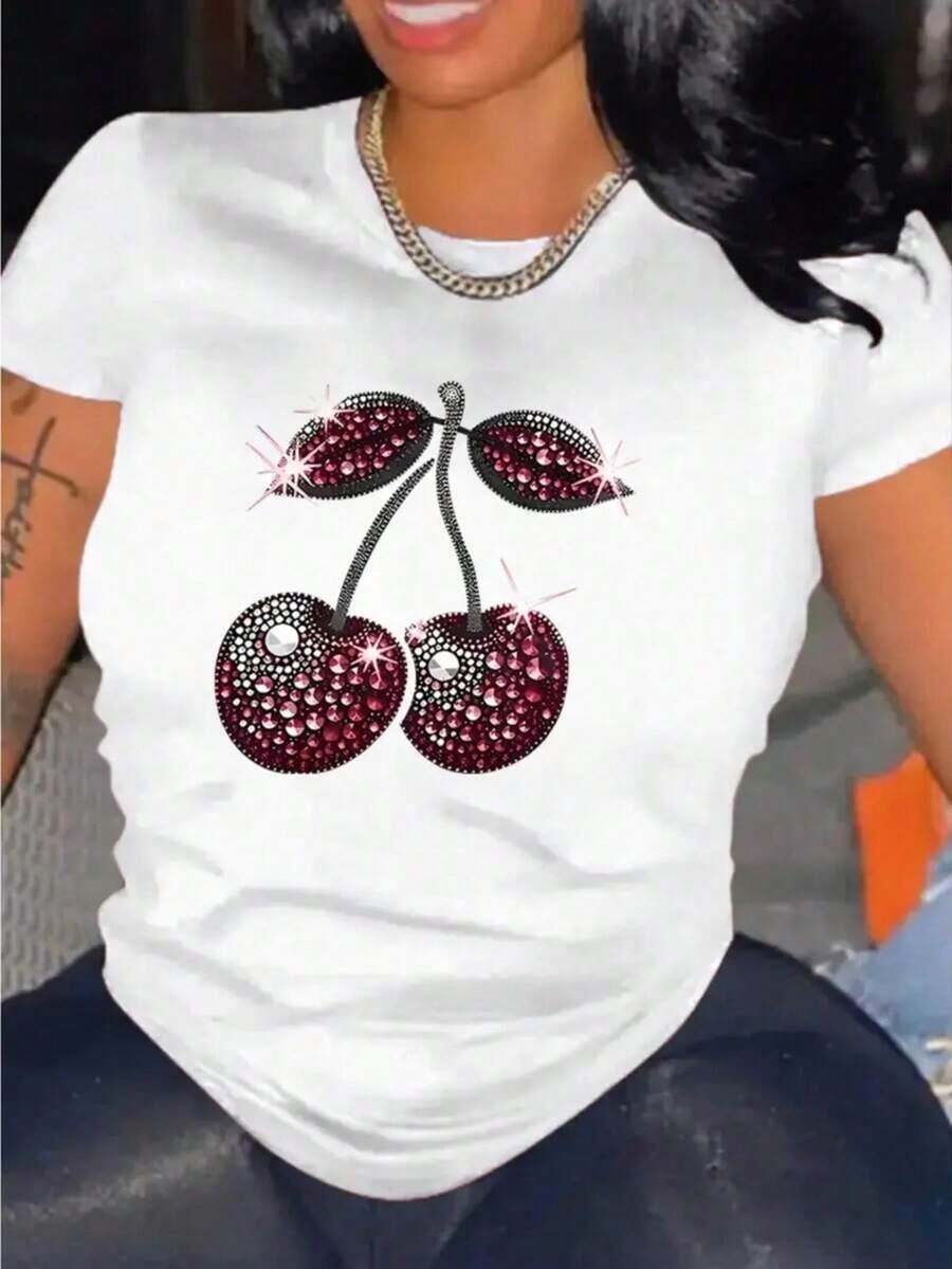 Cherry, Strawberry, Lemon 1 Glitter Casual Sweet Party Elegant None Beach Holiday Sporty Office Home Comfortable Cherry Print Crew Neck T-Shirt, With Party And Holiday Atmosphere, Black Blouses For Women, For Spring/Summer - 紅色底白色 - 查看 1