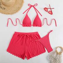 Conjunto de bikini sexy de tres piezas, traje de baño de tela especial para mujer, ropa de playa de color sólido, traje de baño para vacaciones. - Negro - Ver 5
