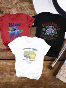 Fashion Item, Women's T-Shirt, Funny T-Shirt, Black, White, Not A Three-Piece Set, College Style T-Shirt, Custom 4th Of July Berry Print T-Shirt, Berry Picking And Coffee Roasting Print, Casual Short-Sleeve Crew Neck Loose Fit T-Shirt, Women's T-Shirt. - 白色 - 查看 6